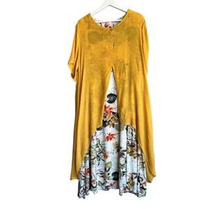 Mustard Yellow Layered Floral Midi Dress Short Sleeve Lagenlook Relaxed Fit